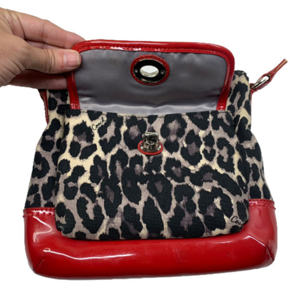COACH Ocelot & Red Patent Leather Swingpack Crossbody Mini Purse - Picture 3 of 13